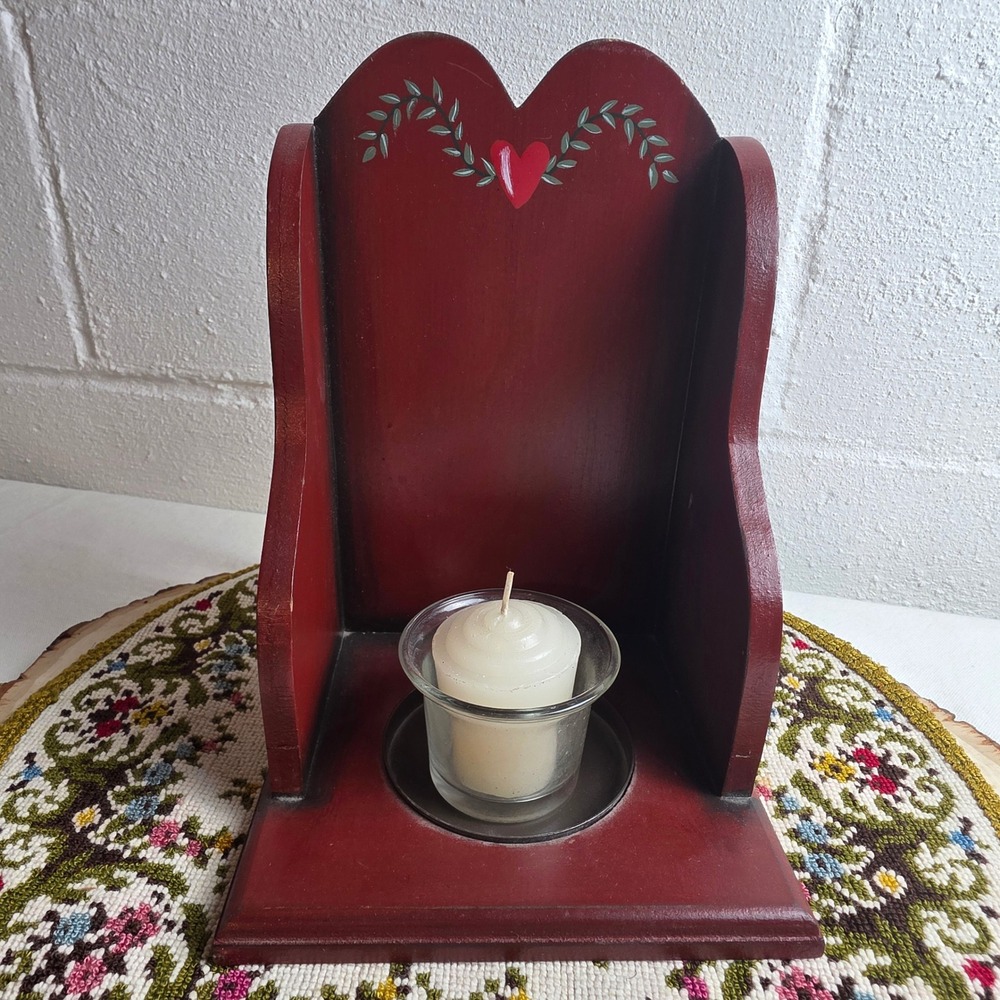 Vintage Folk Art Wooden Candle Holder Box Hand Painted Heart Burgundy Red